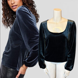 Gentle Fawn Velvet Scoop Neck Teal Blouse with Puff Sleeves, XL-1X